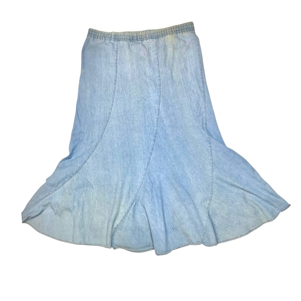 Vintage 1990s Chambray Denim Skirt Womens Midi Pull On Ruffle Hem Fall Western